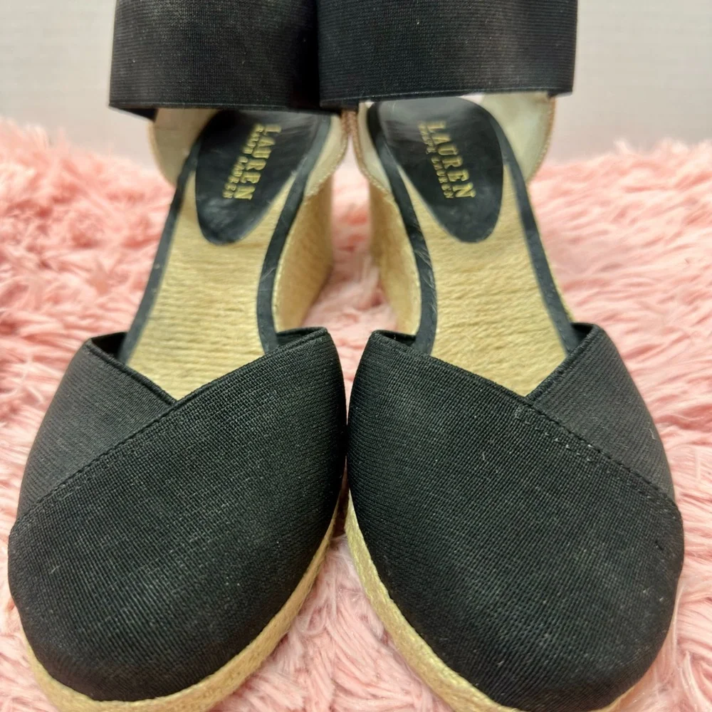 LAUREN Ralph Lauren Charla Espadrille Wedge Sandals Black & Tan‎ Womens Size 9B